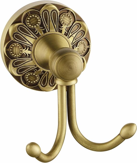 Antique Brass Towel Hook, Wall Mounted Bathroom Hook for Clothing & Robe Hanger, Screws Install Shower Wall Hook, Vintage Gold Brass Petal-Relief Series Longhorn Double Hook