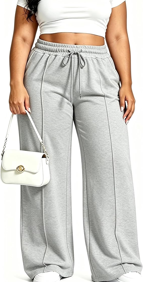 Womens Plus Size Wide Leg Sweatpants High Waisted Drawstring Baggy Sweatpants Elastic Straight Leg Lounge Pants with Pockets