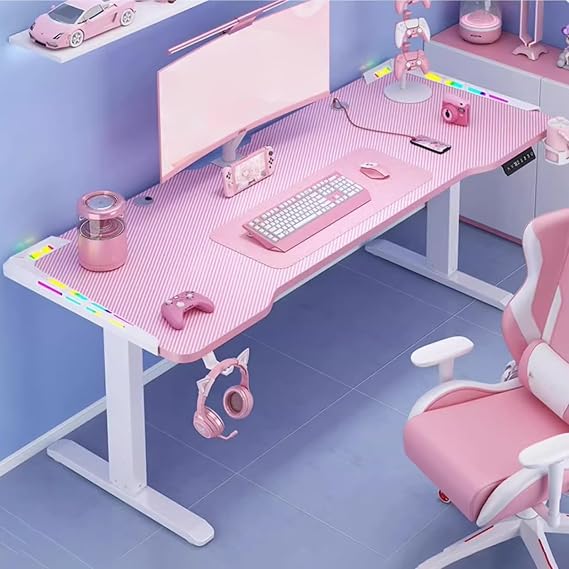 Standing Desk, Computer Desk with LED Lights, 3 Levels of Height Memory and Threading Hole, Adjustable Sit Stand Desk with Headphone Hook and Water Cup Holder, Easy to Install,Pink,55.1x23.6in