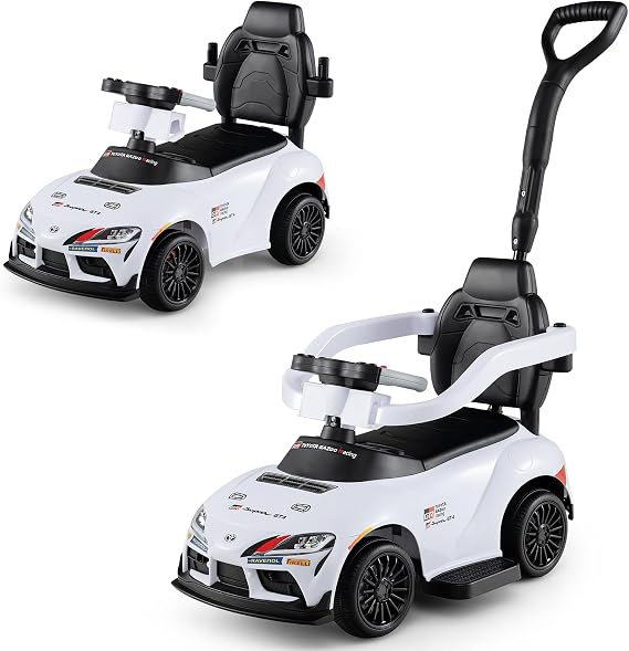 COSTWAY 3 in 1 Ride on Push Car, Licensed Toyota Stroller Sliding Walking Car with Handle, Music, Safety Guardrail & Under-Seat Storage, Toddler Foot to Floor Slider for Boys Girls 1.5-5 Years (White)