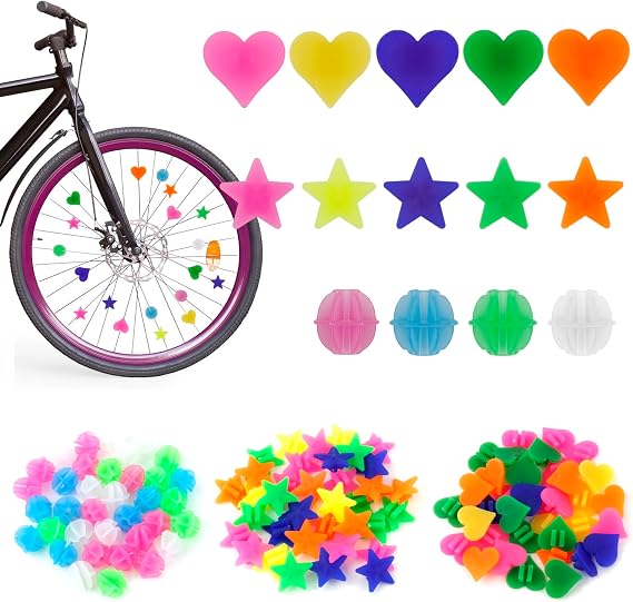 Bike Spoke Beads 210 Pcs, Multicoloured Plastic Clip Spoke Decorations | Girls and Boys Bike Spokes, 3 Styles Personalized Bicycle Clip Beads, Easy to Use Plastic Clip Wheel Reflectors for Kids
