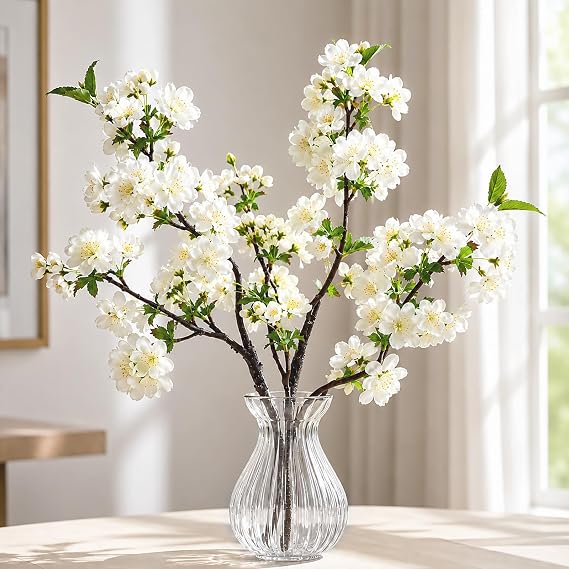 3 Pcs Artificial Cherry Blossom Branches 49cm, White Plum Blossom Fake Flowers Tree, Stems Silk floral Plants Desk Spring Decoration for Wedding Office Party Table Home Decor (White)