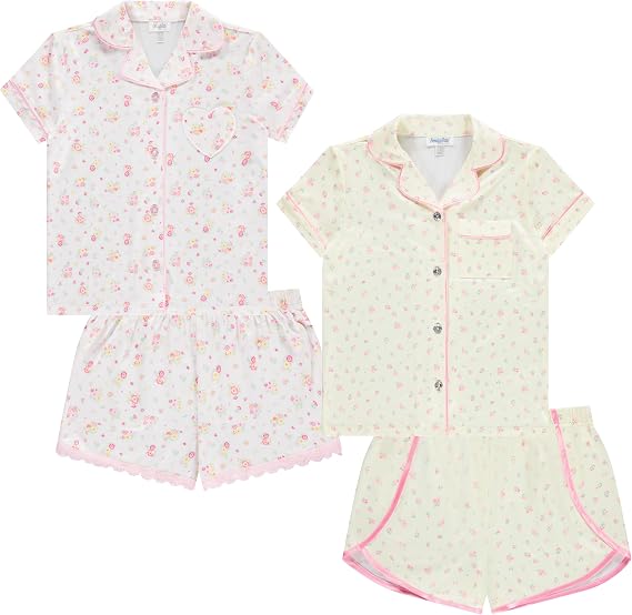 BTween Girls Pajama Set 4 Pack Short Sleeve Button-Down Sleepwear with Shorts, Soft Brushed ITY Fabric