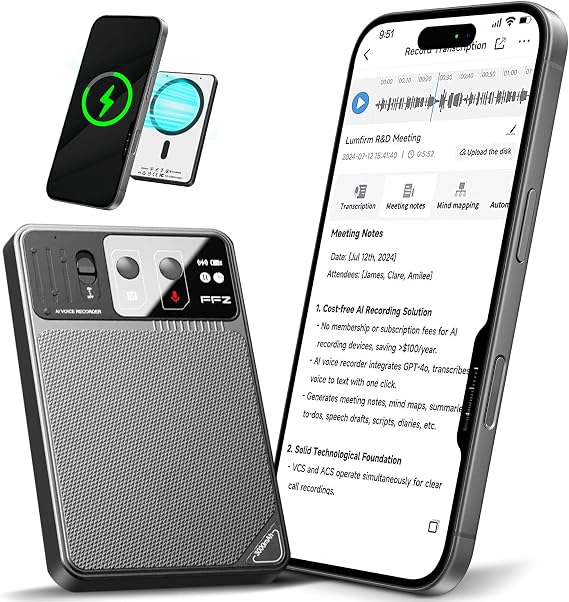 AI Voice Recorder with Lifetime Free Transcription - ChatGPT Powered 107 Languages Translator, 64GB Smart Recorder with App Control for Meetings/Lectures, 60H Battery & Military Encryption (Grey)