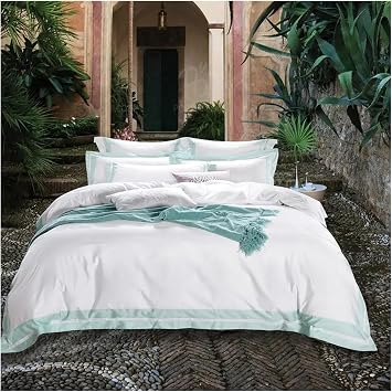 Bed, Luxury Hotel Style 100% Cotton Bedding Set Duvet Cover Sheet Pillowcase King Queen Size White Gray Blue Silk Ribbon Bed Linen