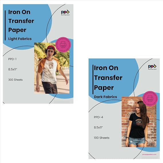 PPD Inkjet Iron-On Bundle of T Shirt Transfer Paper 8.5x11" for Light/White x 300 Sheets + Dark/Black x 100 Sheets