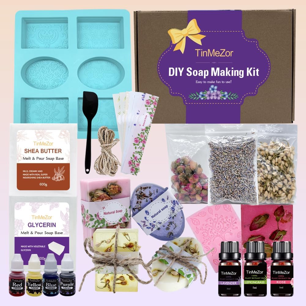 Soap Making Kit for Adults - DIY Natural Soap Supplies Glycerin & Shea Butter Soap Base Soap Mold Dried Flower Dye Fragrance DIY Craft Kit
