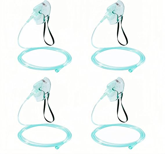 4 Pack Adult Oxygen Mask Large Size - Elongated Fit with 6.6ft Tubing, Adjustable Head Strap, DEHP-Free & Latex-Free, Design for Home Use (No Cup)