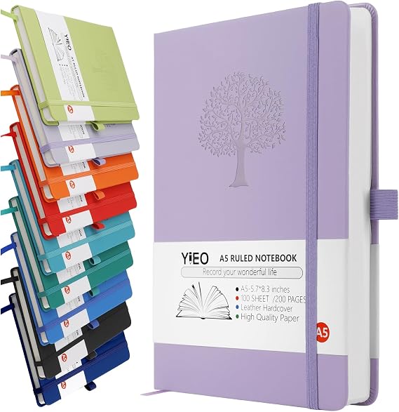A5 Journal Notebook, 200 Pages Leather Notebook Journal for Men/Women, Hardback Note Book with 80GSM Lined Paper, No Bleed for Writing, Notepad for Office School Supplies, Purple