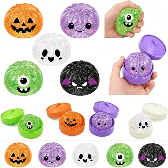 Halloween Squeeze Spooky Glitter Dumpling Squishies, Dumplings Stress Balls for Adults Fidget Toy with Steamer, Cute Halloween Decor Ghost Bao Bun Squishes for Anxiety Relief