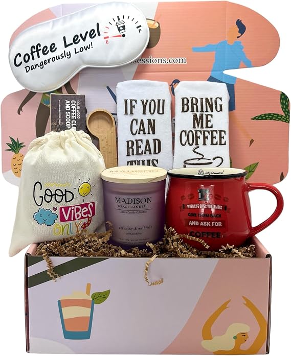 Coffee Accessory Gift Set for Women and Men- Packed with Fun & Unique Coffee Themed Gifts for Coffee Lovers by Silly Obsessions. Birthday Coffee Gift Basket for Mom and Dad, Daughter and Son...