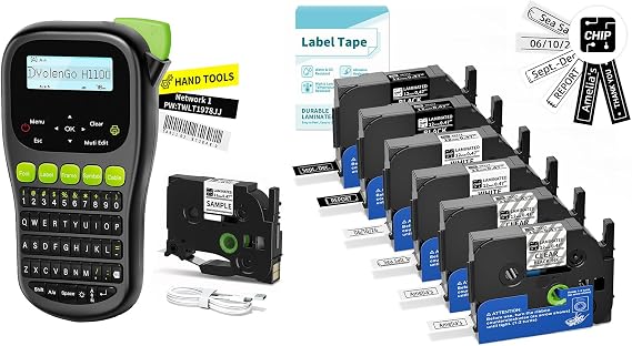 Label Maker Machine with 7 Tapes, Handheld Label Printer with Cable-Qwerty Keyboard, Backlit LCD Label Maker for Industrial Office Home, White/Clear/Black Laminated Tapes