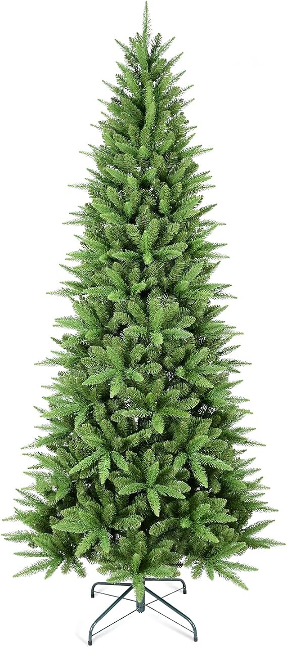 7.5ft Slim Artificial Christmas Tree, Unlit Tall Skinny Christmas Tree with 1345 PVC/PE Realistic Branch Tips, Premium Memory Wire Hinged Xmas Tree with Metal Foldable Base for Holiday