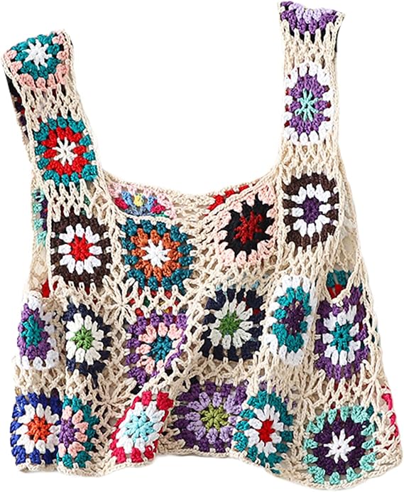 Honganda Women's Summer Crochet Sleeveless Crop Top Colorful Floral Embroidery Knit Camisole Vest Y2K Boho Tank Top