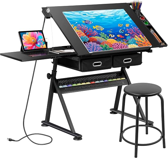 JupiterForce Drafting Table Art Desk wPower Outlet and Stool, Adjustable Tilting Drawing Table Artist Desk with 2 Storage Drawers, Art Craft Work Station for Home Office Working, Writing, Crafting