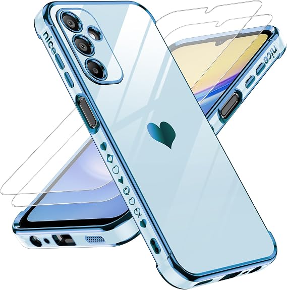 LeYi for Samsung Galaxy A15 5G Case: with Tempered Glass Screen Protector [2 Pcs]+Camera Lens Protection, Love Heart Plating Women Luxury Shockproof Case for A 15, Cute Present for Mom, Sierra Blue
