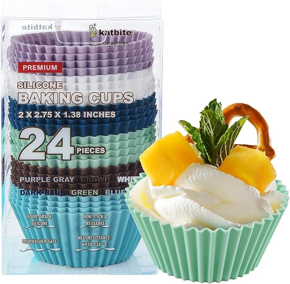 Katbite Silicone Cupcake Liners 24 Pack, Reusable Muffin Baking Cups | Heavy Duty, Non-Stick, Food-Grade Soft Pale Cupcake Holders for Party, Halloween, Christmas