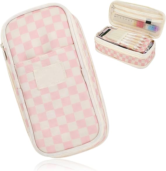 Pink Pencil Cases, Expandable Large Pencil Case with Compartments Cute Grid Design Pencilcase, Special Pencils Case Suitable for College, Office Stationery Organizer