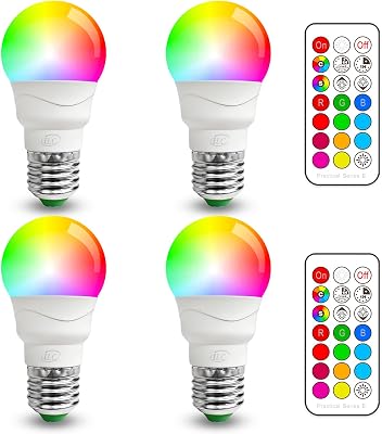 ILC RGB LED Light Bulb, Color Changing 40W Equivalent, Daylight White, 450LM Dimmable 5W E26 Screw Base RGBW, Mood Light Bulb - 12 Color Choices - Timing Infrared Remote Control Included 4 Pack