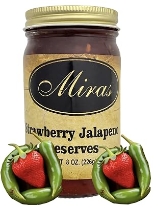 Pack of 1 Miras Strawberry Jalapeno Preserves Combines Sweet Strawberries with Spicy Jalapenos for a unique flavor 8 oz Glass Jar
