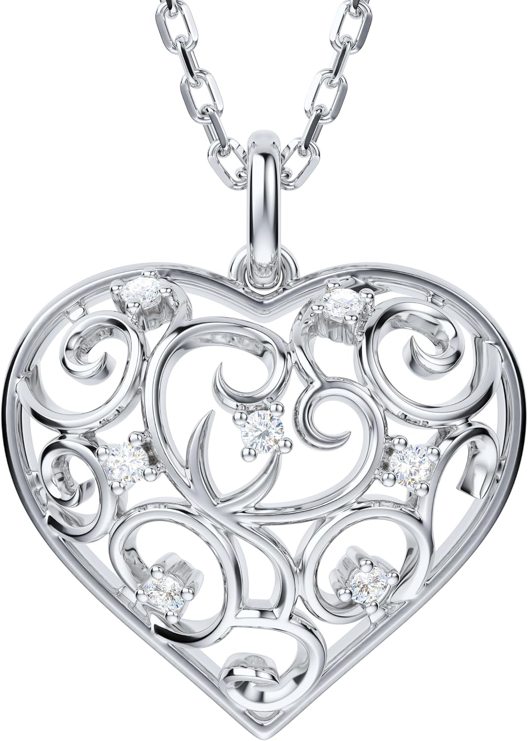 THELANDA Genuine Moissanite Sterling Silver 3D Filigree Heart-Shaped Pendant Necklace, Adjustable 18-20 Inch, Fine Elegant Jewelry Gift for Women