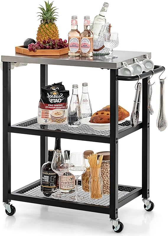Byroce Grill Cart, 3-Shelf Outdoor Prep Table for Grill with Stainless Steel Top, 9 Hooks & Wheels, Movable Food Cooking and Pizza Oven Stand Table, Grill Table for Party BBQ Patio