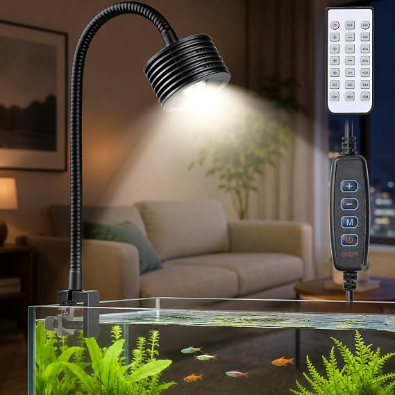 Lominie Aquarium Light with 4 Channels Dimmable and 360° Adjustable Gooseneck,20W LED Aquarium Light with Timer,Full-Spectrum Nano Fish Tank Light for Planted Freshwater Aquarium Fish Tank,CRI>93 [Energy Class G]