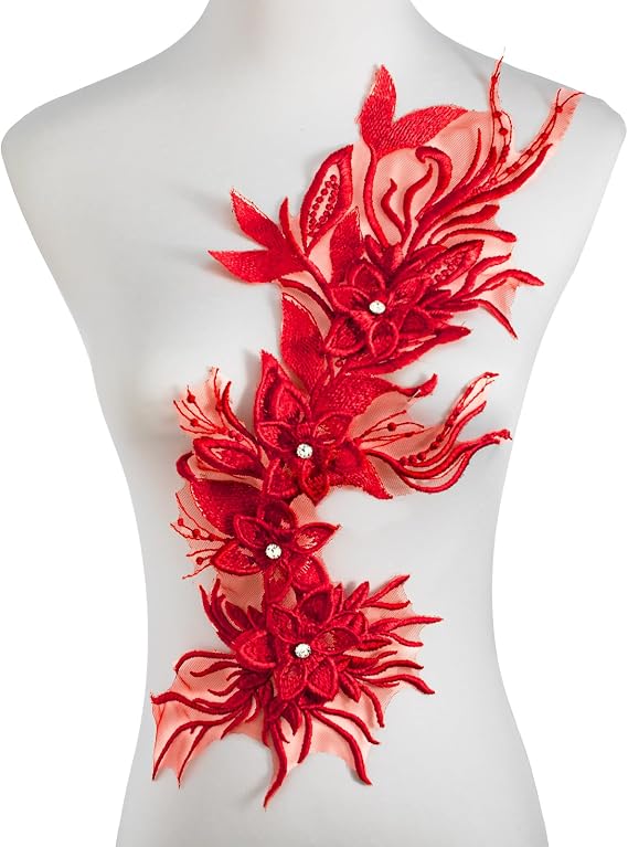 Silvora Phoenix Peacock Feather Tail Fabric Beaded Lace Applique,3D Embroidered Flower Fabric Patch for Bridal Dress, Handmade Sewing Tool for Wedding DIY Crafts(Red)