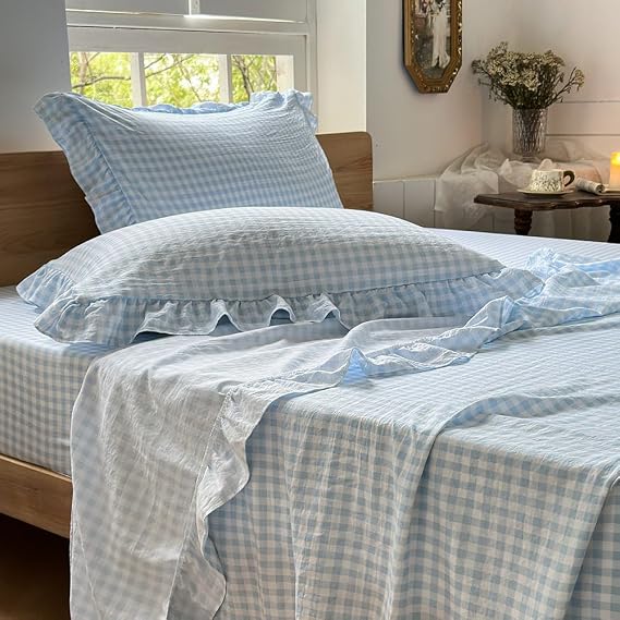 NSNLGSGC Light Blue Gingham Ruffle Twin Sheet Set
