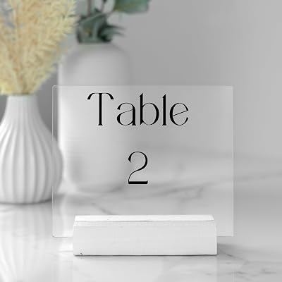 Ilyapa Acrylic Sign Holders with White Wood Stands, 8 Pack - Small 5x6 Inch Blank Table Numbers Set for Wedding