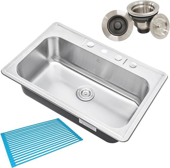 CozyBlock 33 x 22 x 9 Inch Top-mount/Drop-in Stainless Steel Single Bowl Kitchen Sink with Strainer and Silicon Dishrack - 18 Gauge Stainless Steel-4 Faucet Hole