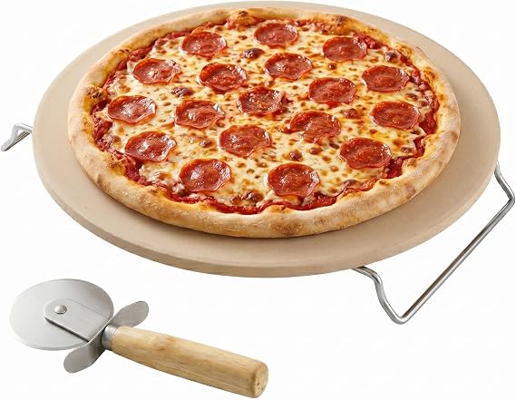 OVENTE 13" Round Pizza Stone for Oven and Grill, Beige BW10132 | Heat Resistant Flat Ceramic with Cutter Wheel, Metal Rack Stand, Ideal for Making Crisp Crust Pizza, Bread, Cookies & More