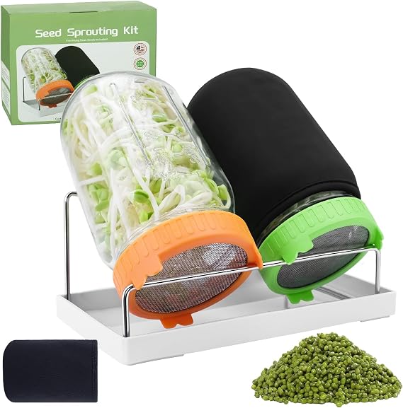 Seed Sprouting Jar Kit with Mung Beans 2.9oz, 2 Wide Mouth Mason Jars with Sprouting Lids, Drain Tray Blackout Sleeves, Sprouts Growing Kit for Growing Bean, Broccoli, Alfalfa, Radish Sprout Seeds