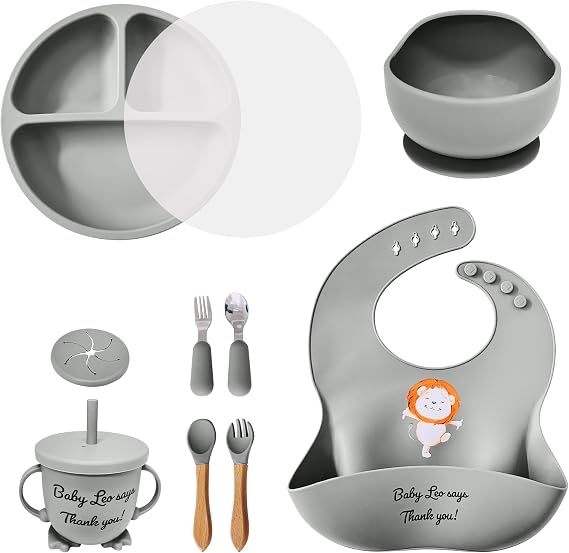 Baby Feeding Set 12 Piece Led Weaning Supplies Suction Bowl and Plate, Divided Plate, Spoon, Fork, Cup, Adjustable Bib Baby Self Feeding Utensils - Baby Feeding Supplies (Grey)