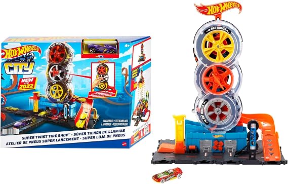 Hot Wheels City Super Twist Tire Shop Playset, Spin The Key to Make Cars Travel Through The Tires, Includes 1 Car, Gift for Kids 4 to 8 Years Old