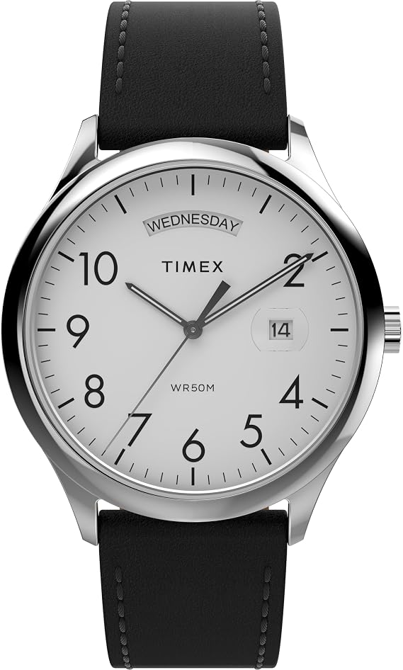 Timex Men's Easy Reader 40 mm Watch - Black Leather Strap White Dial Silver-Tone Case