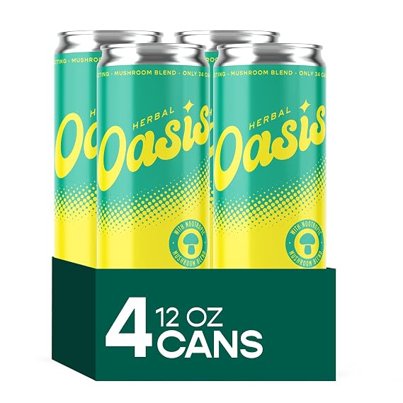 Herbal Oasis Tropical Twist 4-Pack - Mood-Boosting Mushroom Social Tonic, with Lions Mane, L-Theanine & Vitamin B12 - Low Calorie Vegan Drink, Non-Alcoholic for Mindfulness & Balance, 12 fl oz