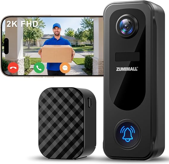 ZUMIMALL Doorbell Camera Wireless No Subscription - 2K Video Doorbell with Chime, 2 Way Audio, Anti-Theft, PIR Human/AI Detection, Local/Cloud Storage, 2.4GHz WiFi, Battery Powered, Work with Alexa