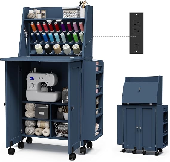 Portable Sewing Table, Folding Sewing Machine Cabinet Desk with Charging Station, 23 Spools Thread Rack,Sewing Cabinet with Expandable Desk, for Home or Studio Small Spaces (Navy Blue)