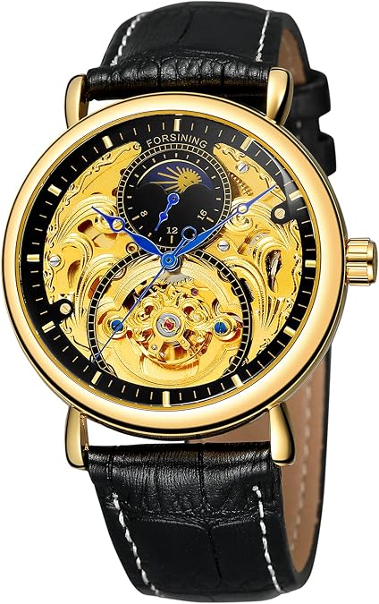 FORSINING Men Automatic Watches Tourbillon Skeleton Watch Moon Phase Wrist Watch Gold and Black
