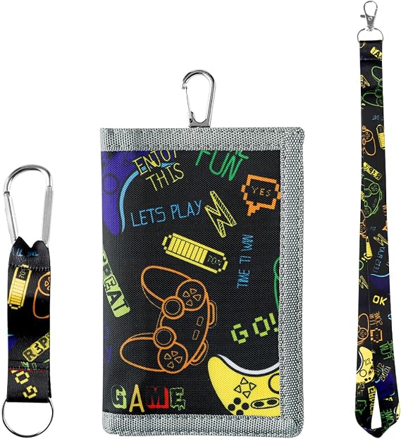Kids Tri-Fold Wallet with Neck Lanyard Zipper – Secure Gaming Design for Boys, Toddlers, Birthday Gifts, School Essentials, Includes ID Window, Key Chain Holder (Black)