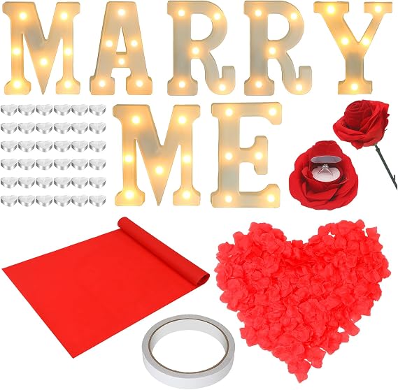 Baquler 4052 Pcs Romantic Proposal Decorations Kit Large Marry Me Letters Rose Petals Heart Shaped Candles Carpet Double Sided Tape Engagement Rose Ring Box for Proposal Engagement Wedding Table Decor