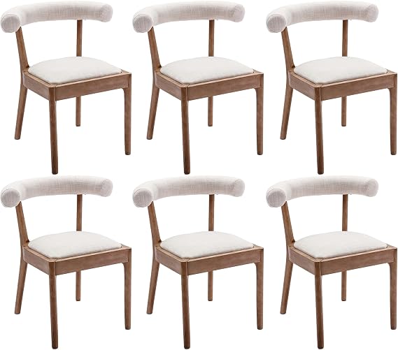 Kmax Dining Room Chairs Mid-Century Modern Fabric Kitchen Chairs with Natural Walnut Finished Frame, Linen Curved Back, Set of 6, Beige