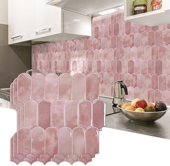 Vamos Tile 10-Sheet Backsplash Peel and Stick Tile, Pink Self Adhesive Vinyl Wall Tiles, Stick on Backsplash for Kitchen, Bathroom,RV (Thicker Design)