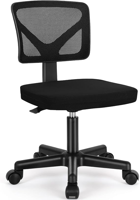 Sweetcrispy Small Armless Desk Chair, Mesh Rolling Office Chairs | Adjustable Ergonomic Lumbar Support, Low-Back, Swivel Wheels, Home Work, Bedroom, Study, Student, Adults, Classic Black