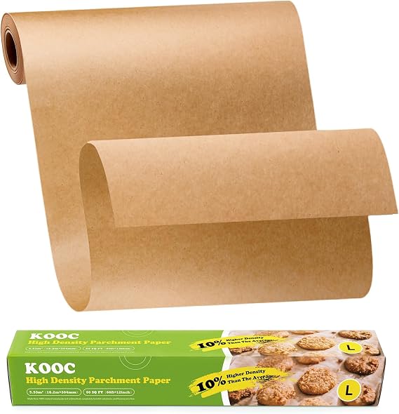 KOOC Premium 60-Feet Parchment Paper Roll - 12-Inch Width, Non-Stick, Unbleached Baking Paper - Ideal for Baking, Cooking, and Food Preparation - 60 Square Feet Coverage - Compostable, High Density