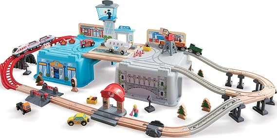 Hape Super Cityscape Transport Bucket Set | Wooden Toy Train Set with City Scenes, Plane, Battery-Powered Engine, for Children 3+ Years