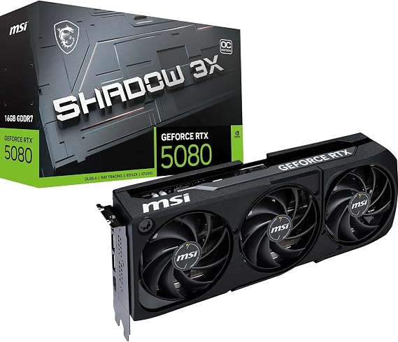 MSI GeForce RTX 5080 16G SHADOW 3X OC Graphics Card - RTX 5080 GPU, 16GB GDDR7 (30Gbps/256-bit), PCIe 5.0 - Triple Fan Design (3 x TORX FAN 5.0) - HDMI 2.1b, DisplayPort 2.1b