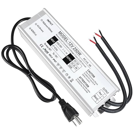 LightingWill LED Driver 250 Watts Waterproof IP67 Power Supply Transformer, 90-265V AC to 12V DC Low Voltage Output, Adapter with 3-Prong Plug 3.3 Feet Cable for Outdoor Use, Computer Project