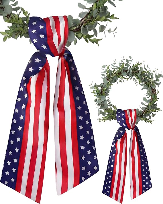 Patriotic Wreath Sash for Front Door, 2 Pack Double Sided Satin 5" W x 55" L, Stars and Stripes American Flag Ribbon for 4th of July Memorial Day Decoration